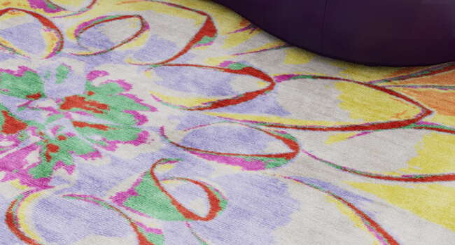 Custom made Tibetan rug with complex design and intense colors.